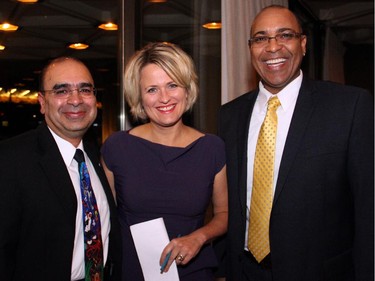 From left, Dr. Raj Bhatla with news anchor Lucy van Oldenbarneveld from CBC Ottawa and Upstream director Bo Turpin at the Youth Matters Gala, held Thursday, Oct. 16, 2014, at the National Arts Centre.