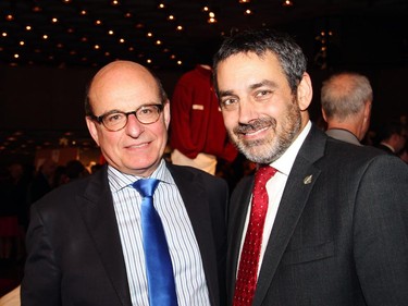 From left, Jean Claude Mahé, director of public and government affairs for Telefilm Canada, with NDP MP Pierre Nantel, Official Opposition Critic for Heritage, at the Ottawa film premiere of Elephant Song held at the National Arts Centre on Monday, Sept. 29, 2014.