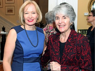 From left, Laureen Harper, wife of Prime Minister Stephen Harper, with NAC donor Jeanne d'Arc Sharp, widow of Liberal politician Mitchell Sharp, at a reception held at Earnscliffe on Wednesday, Oct. 8, 2014, in honour of the National Arts Centre Orchestra's tour to the UK.