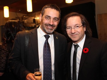 From left, NDP MP and Official Opposition Heritage Critic Pierre Nantel with Stan Meissner, president of sponsor SOCAN, at the Hope Live gala featuring Burton Cummings, held Monday, Oct. 27, 2014, at the GCTC.