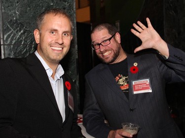 From left, Nick Bachusky, co-host of Lunch Out Loud Ottawa, with Steve Beauchesne, co-founder and CEO of Beau's All Natural Brewery, at Schmoozefest 2014,