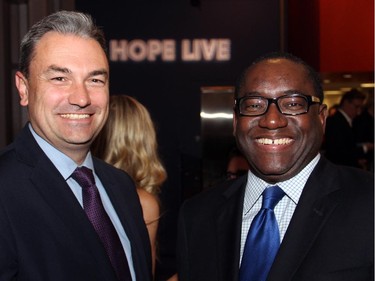 From left, sponsor TD Bank Group's senior vice president, Neil Parmenter, and senior manager, Gary Clement, at the Hope Live Gala held Monday, Oct. 27, 2014, at the GCTC.
