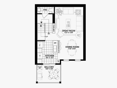 The three-storey Abbey is 1,154 square feet and has two bedrooms and 1.5 bathrooms. Second floor.