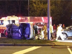 Three people are in hospital after a two-car collision on Greenbank Road late Saturday night.