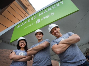 Harley Finkelstein (R) along with  Serena Ngai, and Brennan Loh from Shopify erected a 60' tent on George St. to hold a weekend long craft market, where craft makers can sell their goods using cutting edge technologies.Photo taken at 16:36 on June 5, 2014.