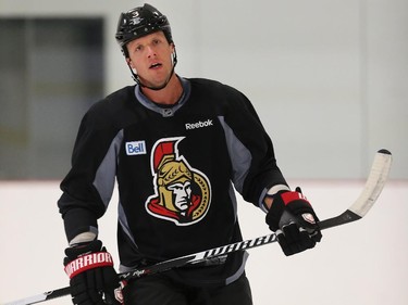 Injured Marc Methot on the ice prior to the Ottawa Senators practice Wednesday afternoon at the Bell Sensplex.
