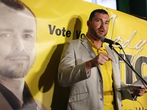 Innis ward winner Jody Mitic give a speech at Tartan Pub and Grill in Orleans for his victory party on election day in Ottawa on Oct. 27, 2014. Ward 2 incumbent Rainer Bloess, 63, didn't run for the seat, which he's held for 20 years. (David Kawai / Ottawa Citizen)