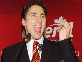 Justin Trudeau gives an impassioned speech after a victory over well-known former Montreal city councillor Mary Deros and Italian newspaper editor Basilio Girdano, at the federal Liberal nomination for the riding of Papineau in Montreal on April 29, 2007.