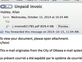 City of Ottawa malware email