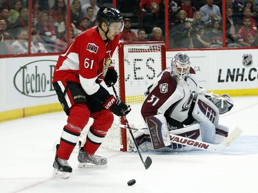 Mark Stone has a chance on Calvin Pickard, right, but elects to pass the puck instead in the third period.