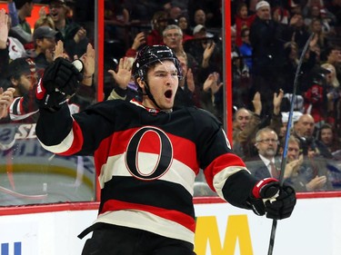 Mark Stone of the Ottawa Senators celebrates his goal against the Chicago Blackhawks during first period NHL action.