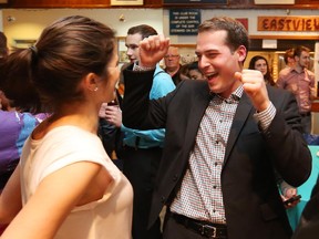 Mathieu Fleury celebrates after being re-elected on Monday, Oct. 27, 2014.