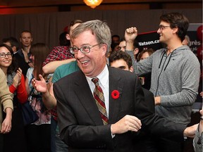 Mayor Jim Watson after being re-elected greets supporters  at the Hellenic Community Centre as elections were held across Ontario for the various municipalities including Ottawa.  Assignment - 118787  // Photo taken at 20:40 on October 27, 2014. (Wayne Cuddington/Ottawa Citizen)