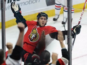 Ottawa Senators' Mike Hoffman celebrates his game winning goal against the Columbus Blue Jackets during third period NHL hockey action in Ottawa on Saturday, October 18, 2014.