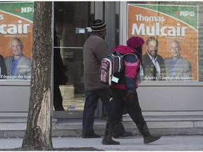 Tom Mulcair's campaign office In Outremont is shown at the start of the 2011 federal election. Voters lists and StatsCan data don't match for about 100 ridings from that election, including Outremont and other Quebec ridings.