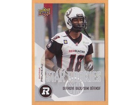 This is an official rookie card of Redblacks player Antoine Pruneau. Too bad, it's not him.