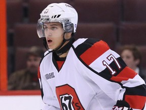 OTTAWA, ON: OCTOBER 08, 2013 -Travis Konecny of the Ottawa 67's against the Mississauga Steelheads during first period of OHL action at Canadian Tire Centre in Ottawa, October 08, 2013. For Ottawa Citizen story by , SPORTS Assignment # 114216