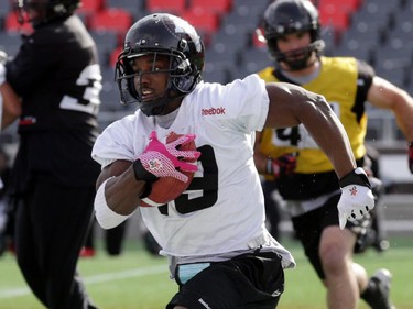 Ottawa RedBlacks running back Roy Finch (19) during practice today at TD Place in Ottawa, Monday, October 27, 2014. The RedBlacks take on Hamilton Tiger-Cats this Friday at TD Place.