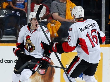 Kyle Turris #7 celebrates his goal with Clarke MacArthur #16 of the Ottawa Senators against the Nashville Predators.