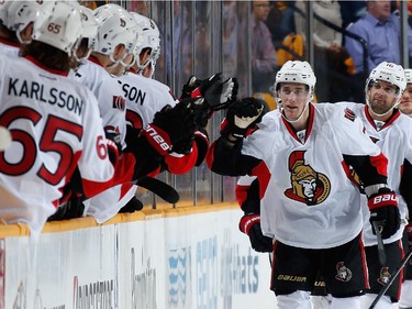 Kyle Turris #7 of the Ottawa Senators celebrates his goal along the bench against the Nashville Predators.