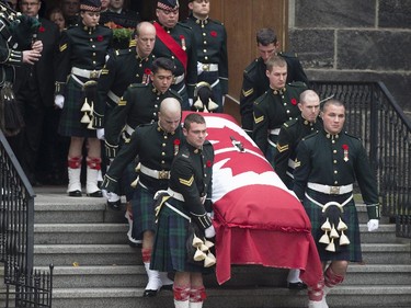 Pallbearers carry the coffin of Cpl. Nathan Cirillo out of Christ's Church Cathedral following his funeral service.