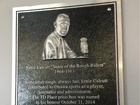 Plaque for Ernie Calcutt dedication ceremony on TD Place press box on Oct 29, 2014.