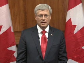 Prime Minister Stephen Harper, shown in this screen grab from an online video from the PMO, making a statement on the attacks in Ottawa on Wednesday Oct. 22, 2014.