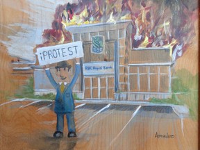 Detail of Marc Adornato's painting made to protest the RBC Canadian Painting Competition.