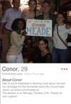 Conor Meade says he is using the Tinder app to connect with young voters in the downtown Somerset ward.