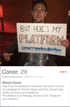 Conor Meade says he is using the Tinder app to connect with young voters in the downtown Somerset ward.