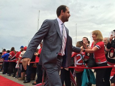 Senators defenceman Chris Phillips greets fans outside the Canadian Tire Centre.