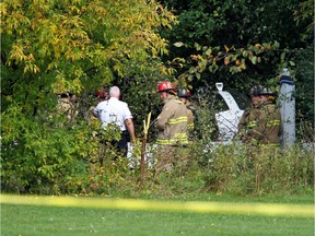 A single-engined plane crashed into brush near Ledbury Avenue Monday. The pilot and passenger were not injured.