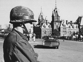 Soldier standing guard on Parliament Hill during the FLQ 1970  October Crisis. War Measures Act.  UPI Photo