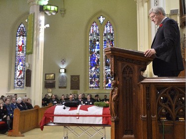 Prime Minister Stephen Harper speaks at the regimental funeral service for Cpl. Nathan Cirillo.