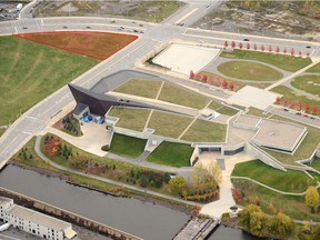 An aerial photo of LeBreton flats showing the War Museum in 2013.