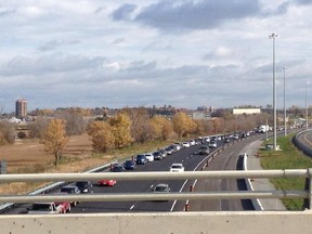 Traffic along the 417 westbound as cars try to exit for the new Tanger Outlet. (Janet Wilson/Ottawa Citizen)