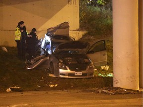 Two people were injured, one very seriously, after a single-vehicle collision on Merivale Road south of Colonnade early this morning in Nepean. It was one of two serious car crashes Friday morning.