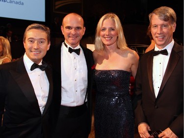 Upping the federal Liberal Party's profile at the NAC Gala were, from left, candidates François-Philippe Champagne (Saint-Maurice-Champlain), Randy Boissonault (Edmonton Centre), Catherine McKenna (Ottawa Centre) and retired Lt. Gen. Andrew Leslie, a star nomination candidate in Ottawa-Orleans, on Thursday, Oct. 2, 2014, at the National Arts Centre.