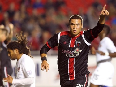 Vini Dantas of the Fury FC celebrates his goal against the Atlanta Silverhawks during first half action.