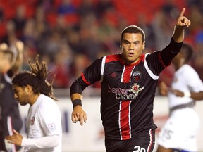 Vini Dantas  of the Fury FC celebrates his goal against the Atlanta Silverhawks during first half action at TD Place.