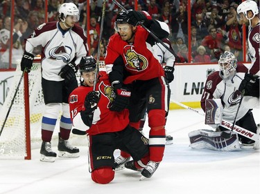 Zack Smith and Milan Michalek celebrate after the first Sens goal in the first period.