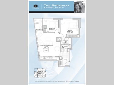 Floor plan of the Broadway, a two-bedroom unit with 900 square feet.