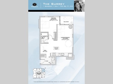 Floor plan of the Surrey, a one-bedroom-plus-den unit with 753 square feet.