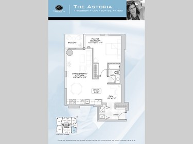 Floor plan of the Astoria, a one-bedroom-plus-den unit with 804 square feet.