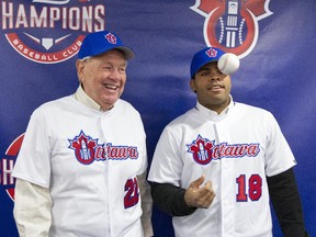 Ottawa Champions field manager Hal Lanier with Gatineau native Sebastien Boucher who is the first official player signed to the Ottawa Champions. Ottawa Champions of Can-Am baseball league announced its first field manager and first player signed. The club's first home opener is May 22 2015. (Pat McGrath / Ottawa Citizen)