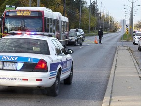 A pedestrian was struck by an OC Transpo bus at the intersection of Baseline and Rockway Cres Nov 3. Police have closed all east bound lanes on Baseline between Greenbank and Centrepointe.