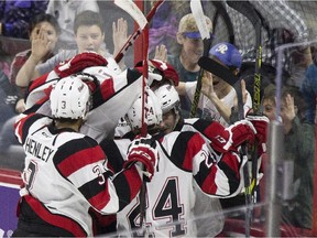 Ottawa 67's celebrated a goal during the annual school day game against the Barrie Colts.