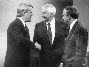 Three male party leaders shown here – Progressive Conservative leader Brian Mulroney (l), Prime Minister John Turner and NDP leader Ed Broadbent (r) – didn't just debate free trade during the 1984 election. They also debated women's issues.
