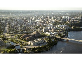 An aerial photograph taken from a hot air balloon shows the Lester B. Pearson building, and the MacDonald-Cartier Bridge along with downtown Ottawa Friday, August 29, 2014. The 27th Gatineau Hot Air Balloon Festival got under way Friday and runs for five days. (Darren Brown/Ottawa Citizen)