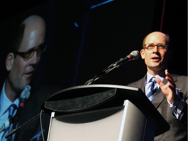 Chris Klotz, co-chair of the Gold Medal Plates dinner, addressed an audience of 600 at the fundraiser for Canada's Olympic athletes, held at the Shaw Centre on Monday, November 17, 2014.